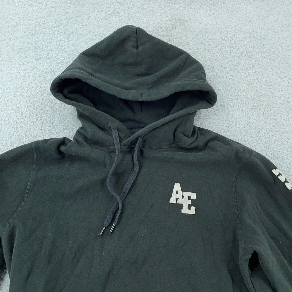 American Eagle Hoodie‎ Mens Small Black Pullover AE Logo Sleeve Sweatshirt